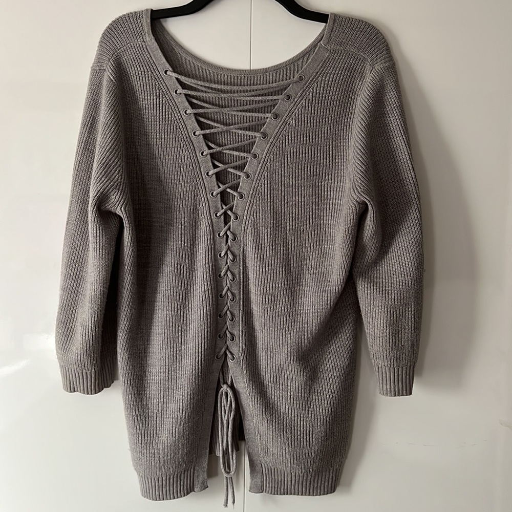Grey lace up sweater size Lg